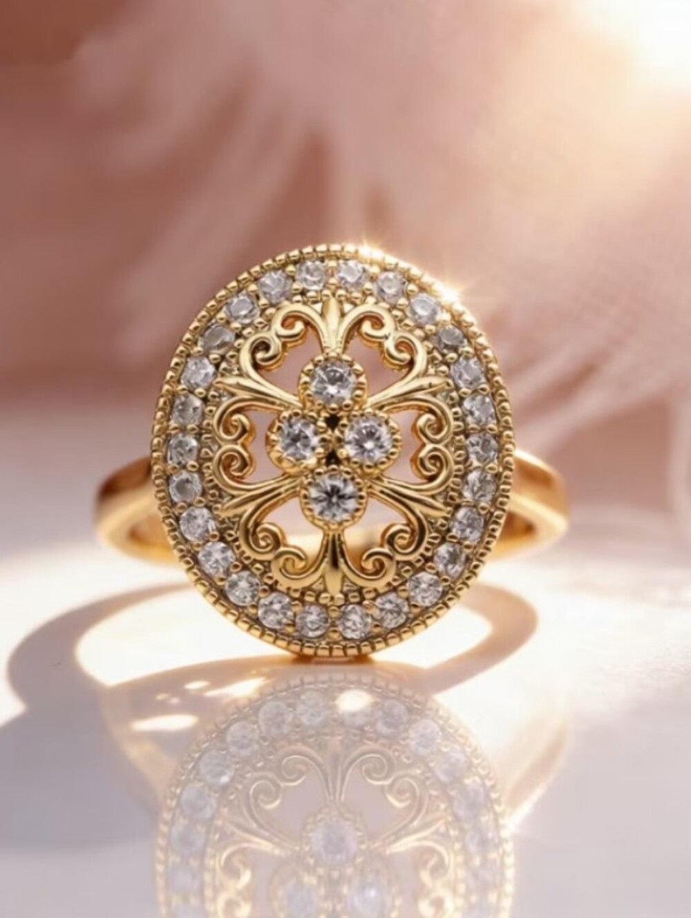 Gold Halo Filigree Oval Ring CZ Stones Sz 6.25 Wt Gift Box NEW